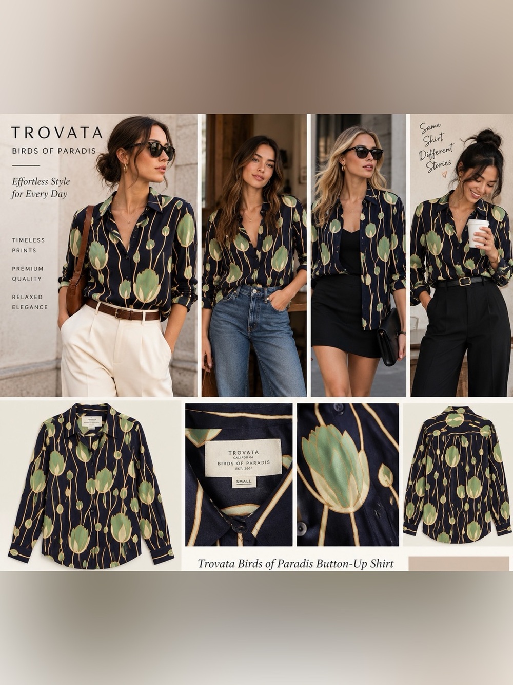 Trovata Navy Button-Down Shirt with Green Botanical Print